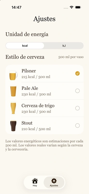Ajustes de Beer Energy con unidades de energía y cuatro estilos de cerveza